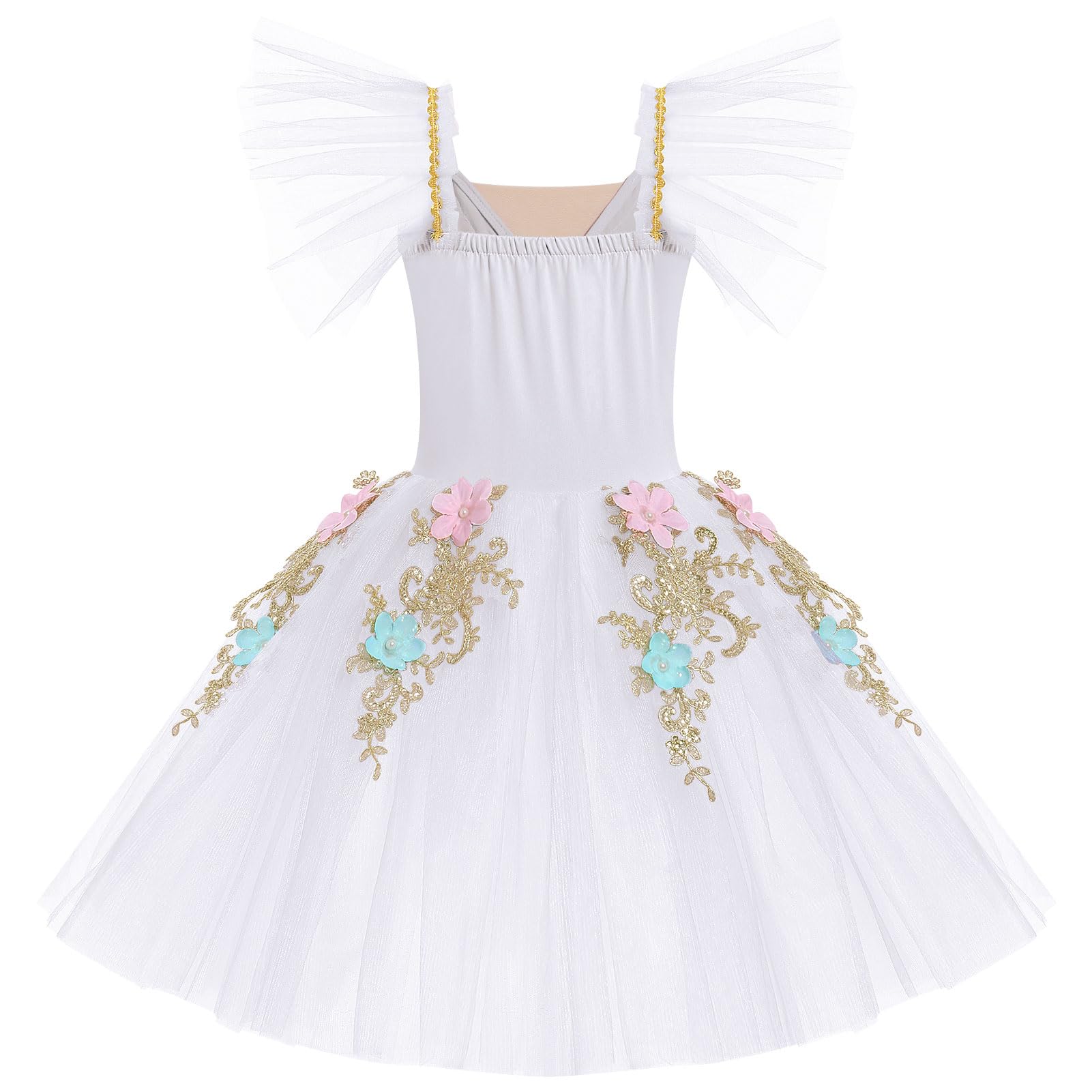 Ballerina Girl Dance Outfits Ruffle Sleeve Flower Ballet Dress Toddler Gymnastics Leotard Maxi Tulle Tutu Kids Swan Lake Halloween Christmas Dresses Teen Girl Ballet Dance Outfits White 4-5 Years