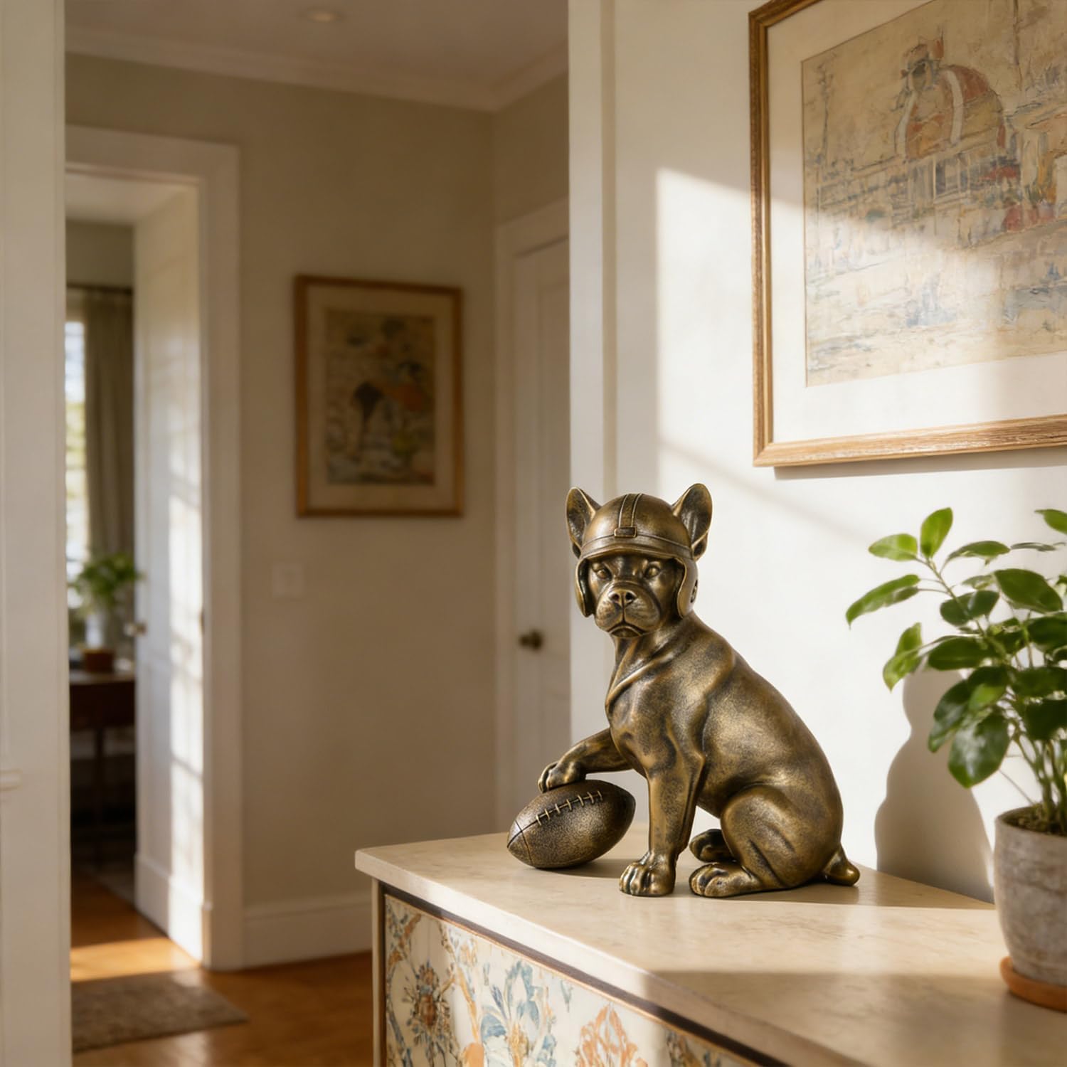 Dog Statue Bulldog Football Player Dog Sculpture Home Decor for Shelves Office Living Room Bedroom Mantle TV Stand Gifts for Dog Football Lovers