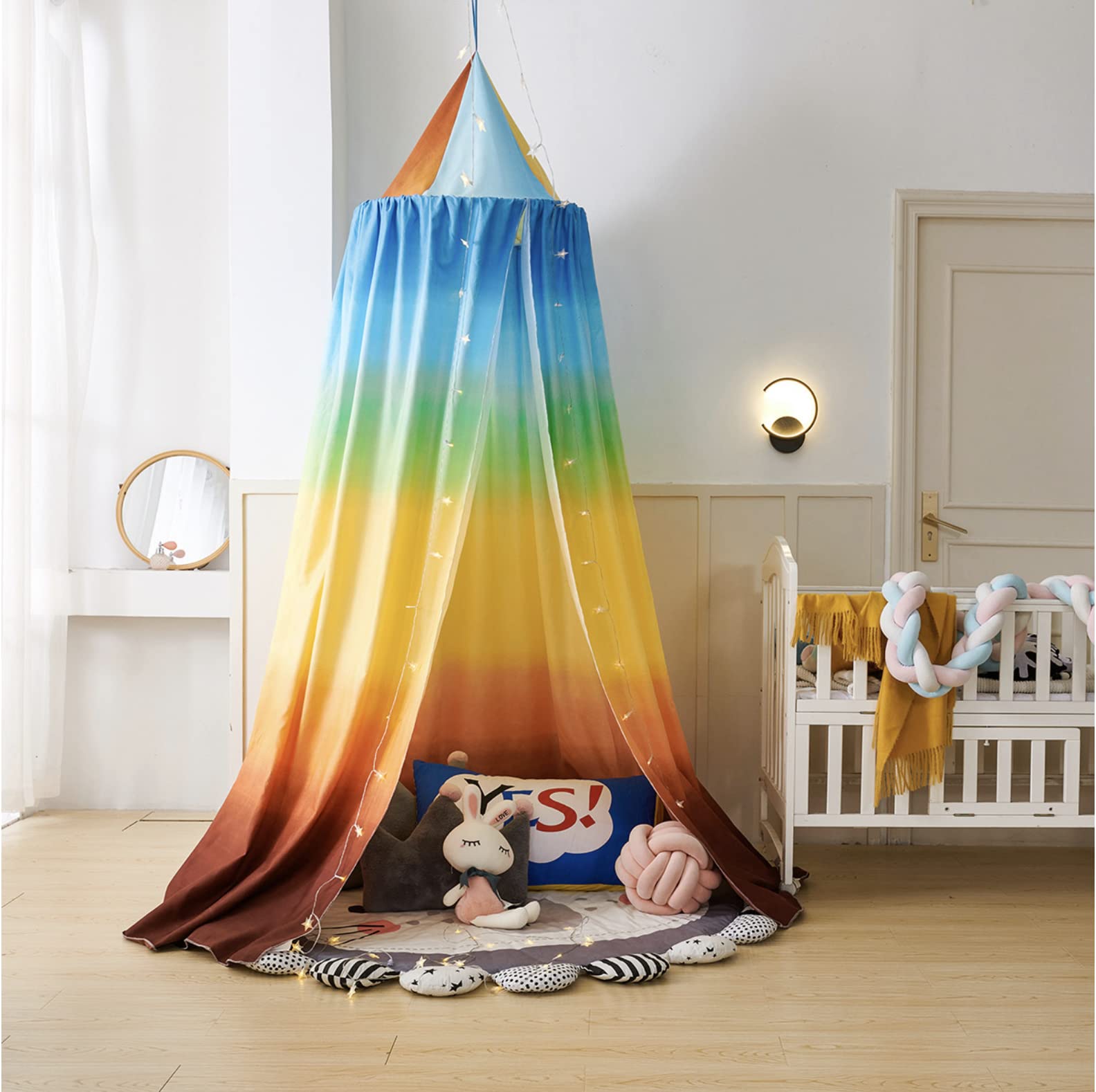 Himmelbett-Vorhänge, runder Kuppelhimmel, Verdunkelung, Mückenschutz, Moskitonetz mit Stern-Lichterkette, Farbverlauf (Regenbogen-Farbverlauf)