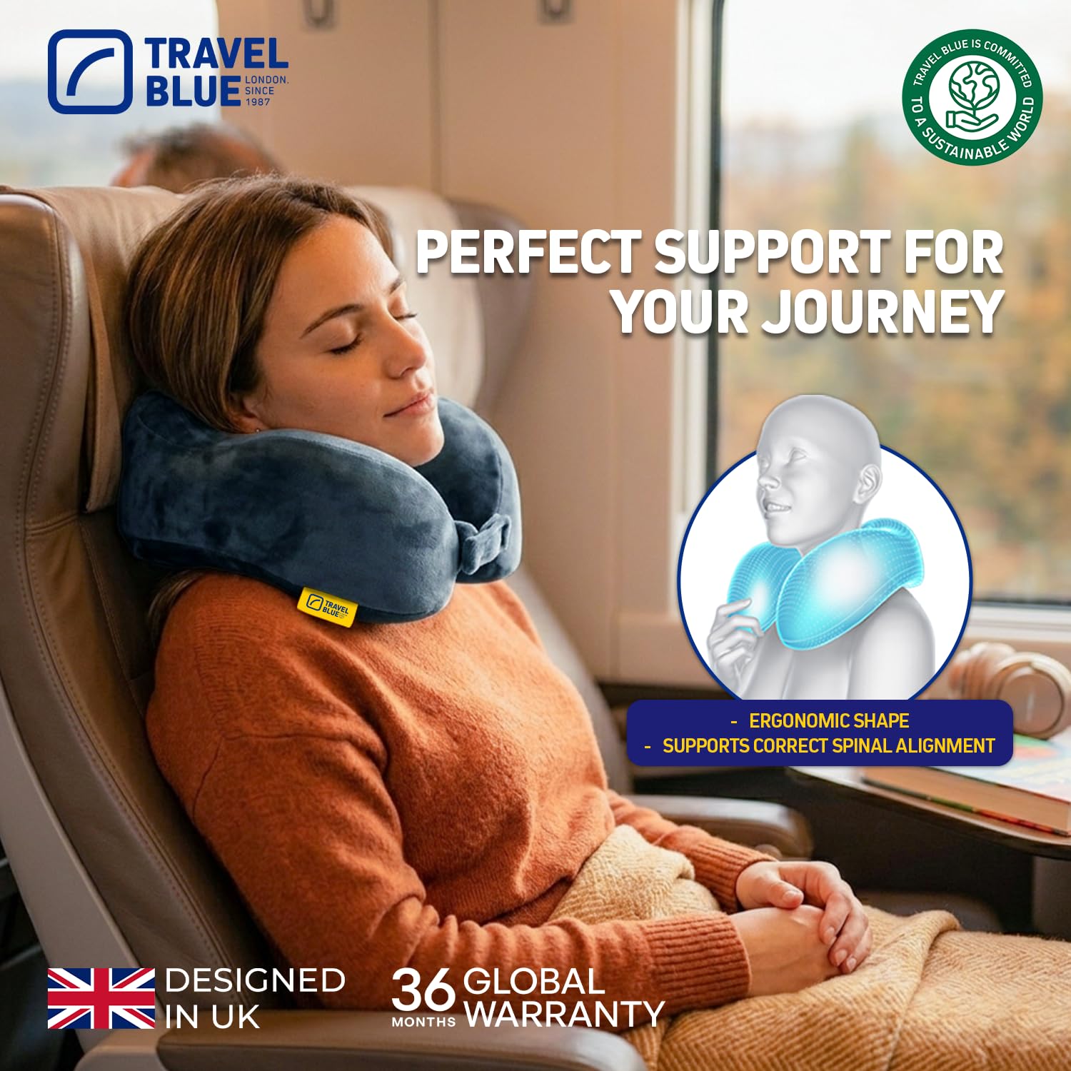 Travel Blue Almohada Cojín de Viaje de Espuma Viscoelástica Tranquility - Almohada Cervicales y Cuello de Viaje, Ajuste Más Ancho, Espuma de Memoria de Alta Densidad, Soporte Ergonómico (Blue)