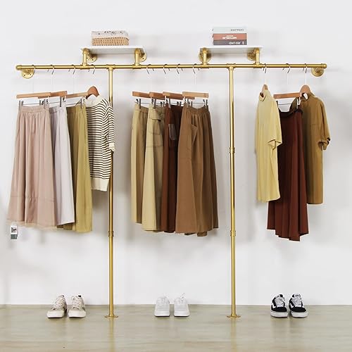 Vista 37 de Perchero industrial de tubería, resistente montado en la pared, barra de ropa de hierro negro, estante de exhibición minorista, organizador de ropa