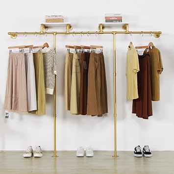Gold pipe clothing rack for Hanging Clothes rack,Wall Mounted Clothes Rack With 2 Shelves,Heavy Duty Gold Industrial Pipe Clothing,Retail Display Closet Storage Clothes Organizer
