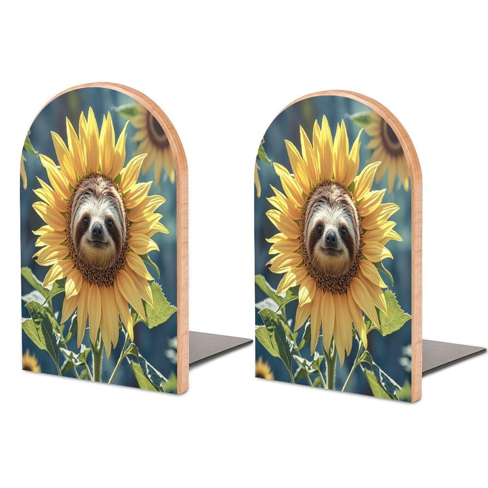 Sloth Sunflower Bookend for Shelves Unique Book End Sturdy Books Holder Heavy Duty Wooden Bookends Support Non-Slip Book Organizers Decorative Modern Bookend Holder for Home