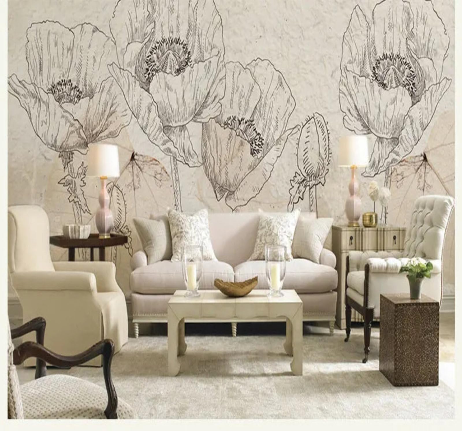Wallpaper-3D-Xlm 300Cm×210Cm(B×H) Hand Drawn Black And White Line Art Flowers Leaves 3D Wallpaper Easy Install Feature Office Living Room Sofa Bedroom Tv Background Wall Decoration-300Cm×210Cm
