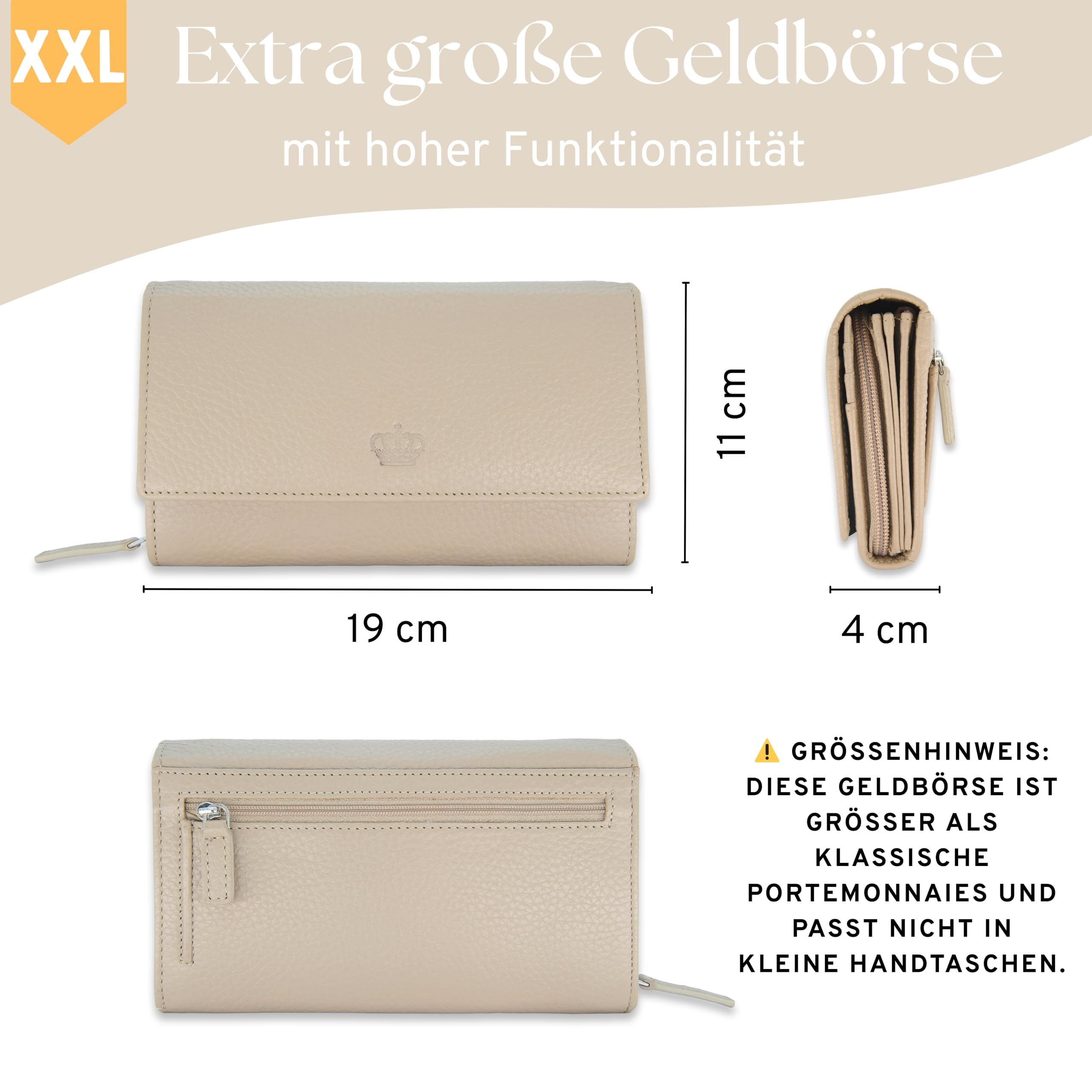 Baur – XXL Damen Geldbörse aus echtem Leder mit RFID-Schutz (Taupe) | Sehr großes Portemonnaie, 18 Kartenfächer, Druckknopfverschluss, Münzfach mit Reißverschluss, geprägtes Rindsleder