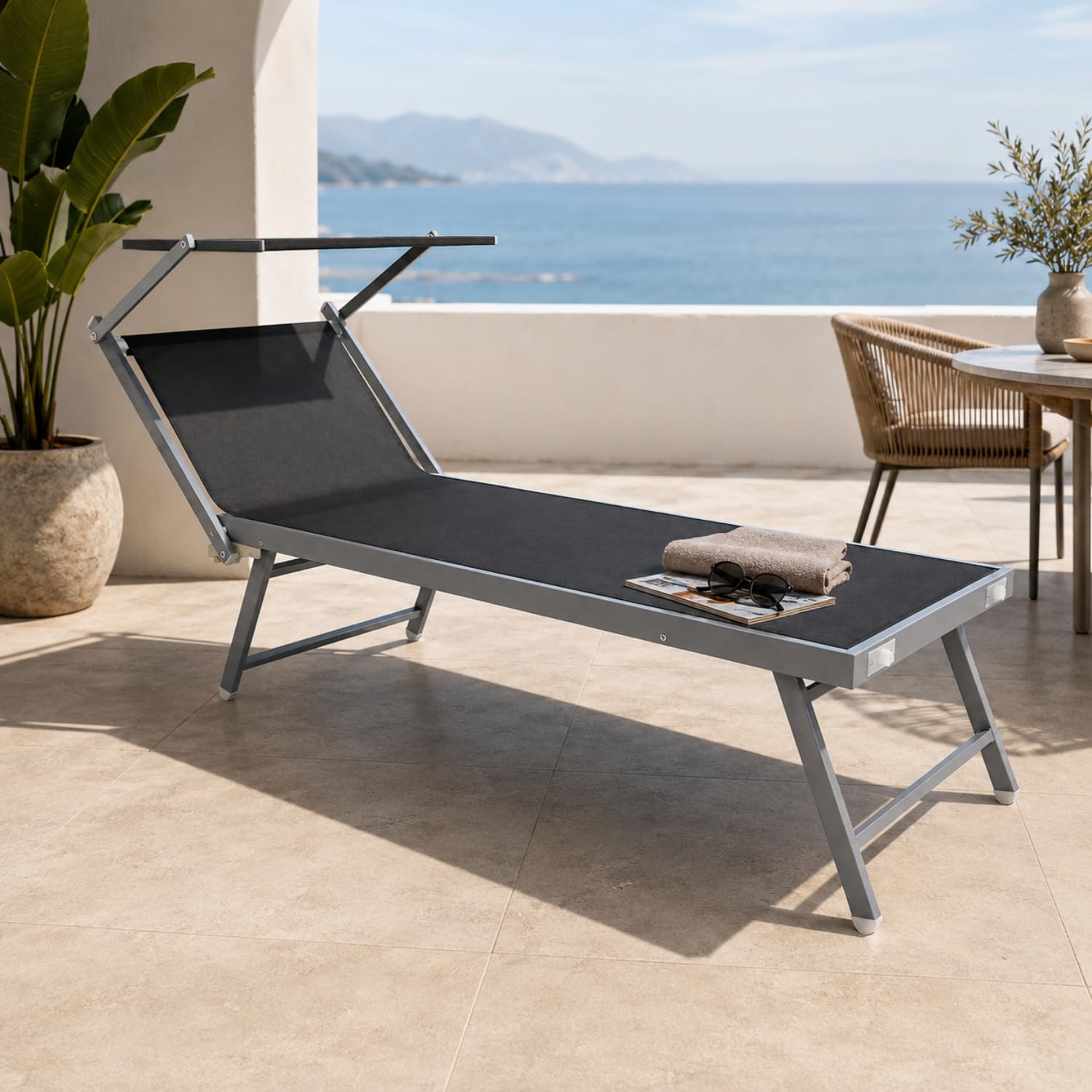 Bricozone Lettino Pieghevole Prendisole in Alluminio E Tessuto Textilene Professionale Con Tettuccio Parasole Orientabile Sdraio Per Mare Spiaggia Piscina Giardino 182 x 60 x 38 Cm Nero