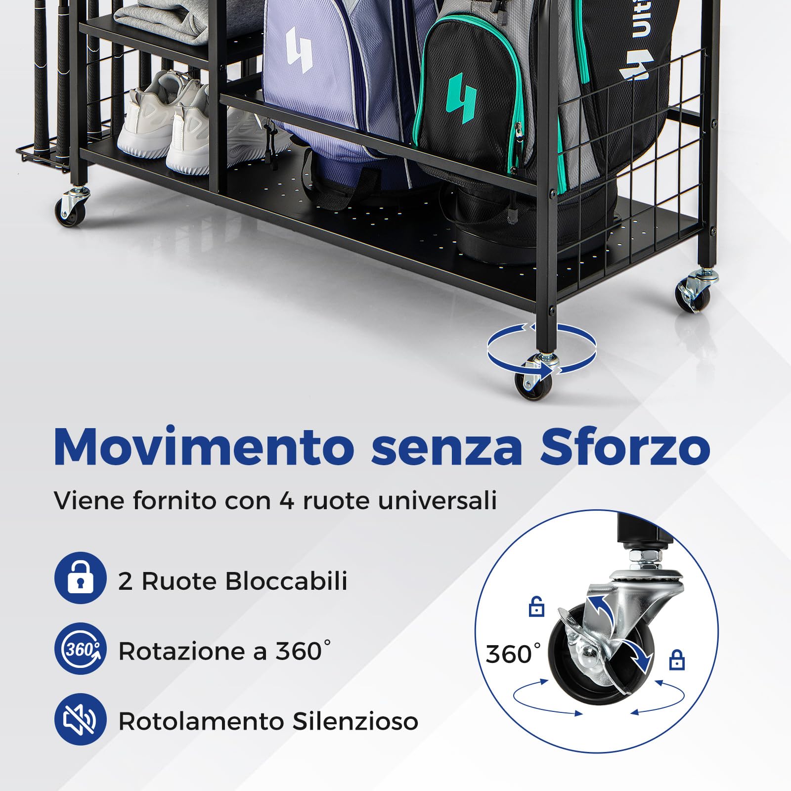 COSTWAY Organizer per Sacca da Golf, Supporto per 2 Borse da Golf con Extra Scaffale di Stoccaggio per Mazze da Golf, 6 Ganci Rimovibili e 4 Ruote per Garage e Club