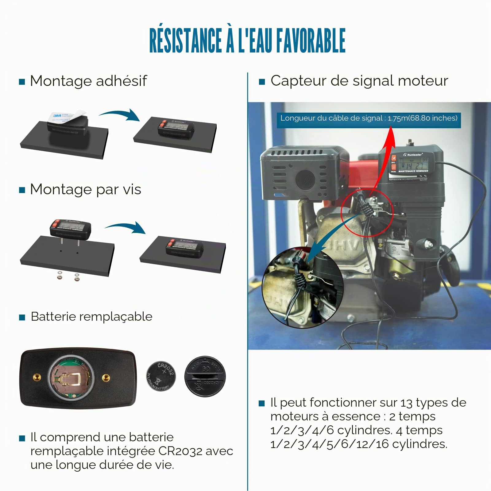 Tachymètre de compteur horaire auto-alimenté numérique Runleader, alerte de régime, rappels d'entretien multiples, affichage et sélection de rétroéclairage pour tondeuse à gazon générateur.