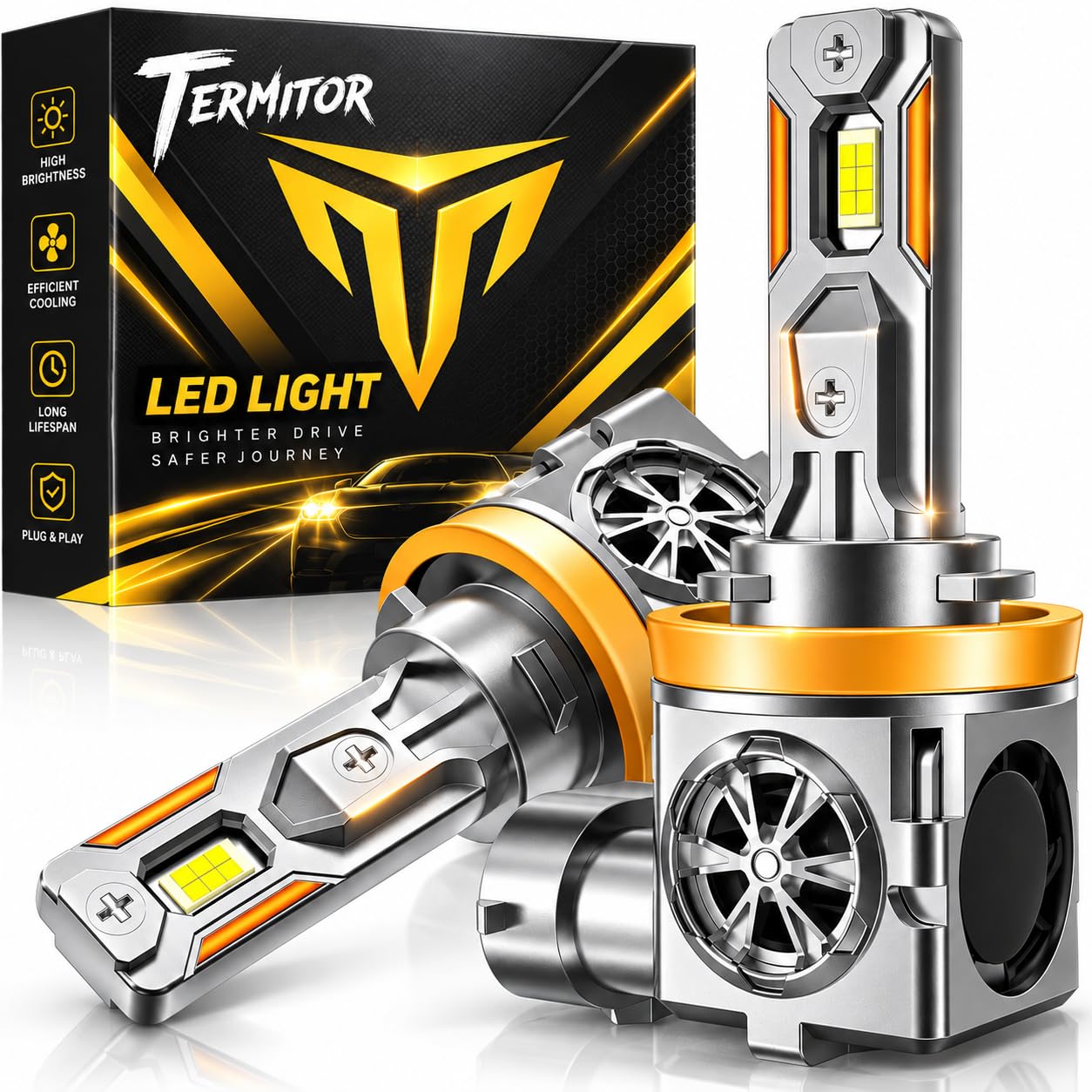 Termitor High Performance H11H9 Bulbs, 130,000LM Insane Brightness Off Road Light, Compact 1:1 Original Size, Working Lifespan, Cool Daylight 6500K, Tool-Free Quick Installation Fog Bulb UTV ATV