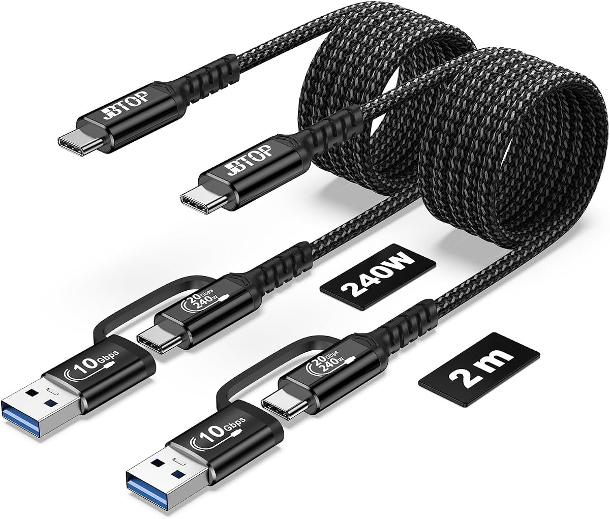20Gbps USB a to c Cable for Android auto 6.6ft[2Pack] | 2-in-1 USB C CarPlay Cable，240W Fast Charge & Data Transfer cord, Compatible with iPhone 17 17 Pro Max,Galaxy,SSD