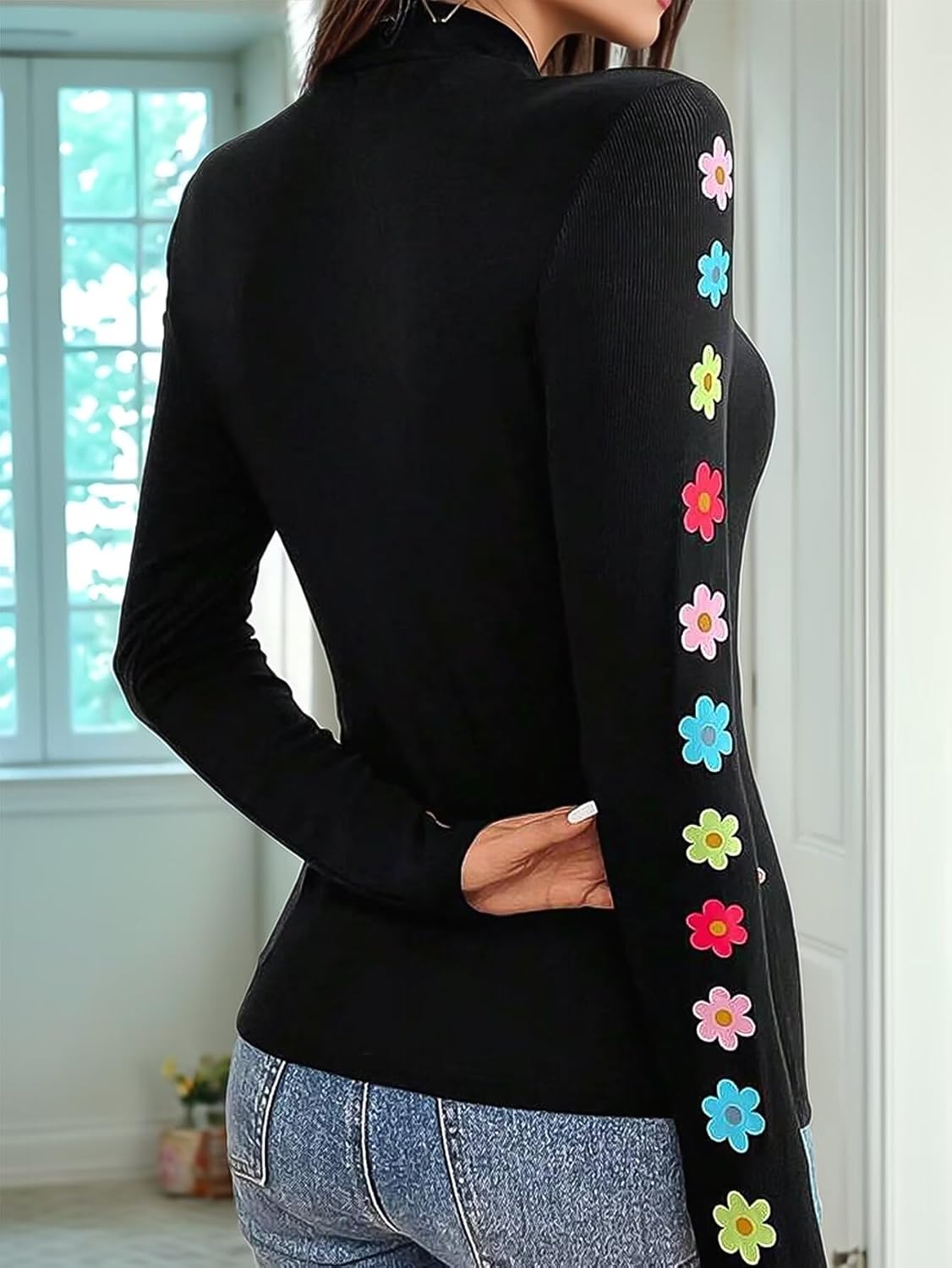 Flamingals Womens Mock Neck Tops Casual Floral Pattern Long Sleeve Turtleneck Going Out Tops Tight Basic Tee Shirts - Image 4