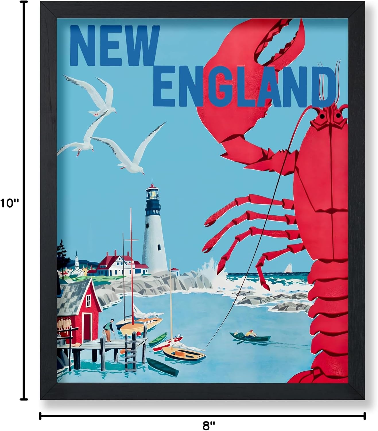 Poster Master Travel Poster - Tourism Print - New England, Lighthouse, Beach, Giant Crab Lobster, Seagulls, Sailboats - 8x10 UNFRAMED Wall Art - Gift for Artist, Friend - Wall Decor for Home, Office