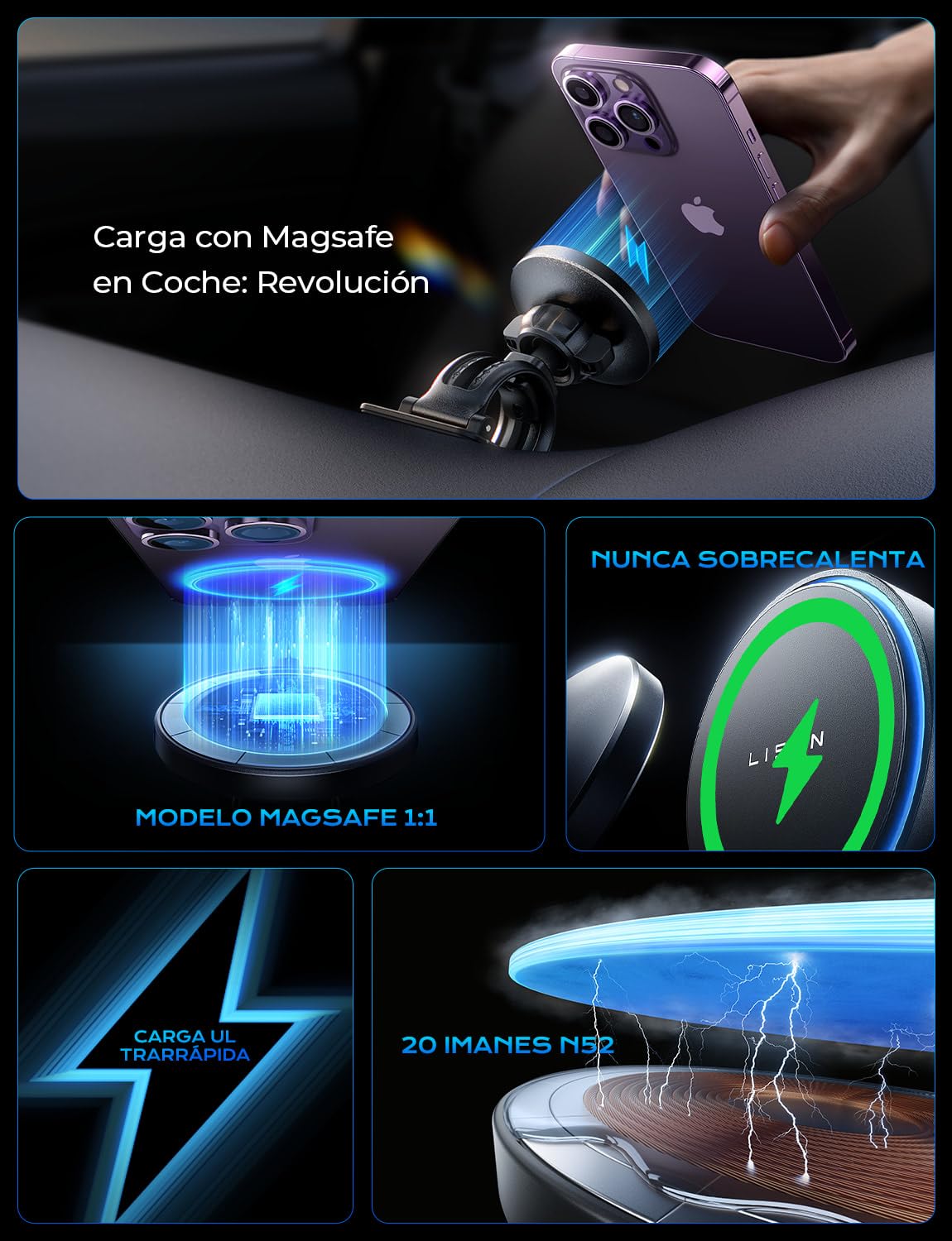 LISEN 15W Cargador Magsafe Coche Inalámbrico, [20X Imans Fuerte] Soporte Móvil Coche Magsafe para Ventilación & Salpicadero, Magsafe Accesorios Coche para iPhone 16e 16 Pro MAX 15 14 13 12