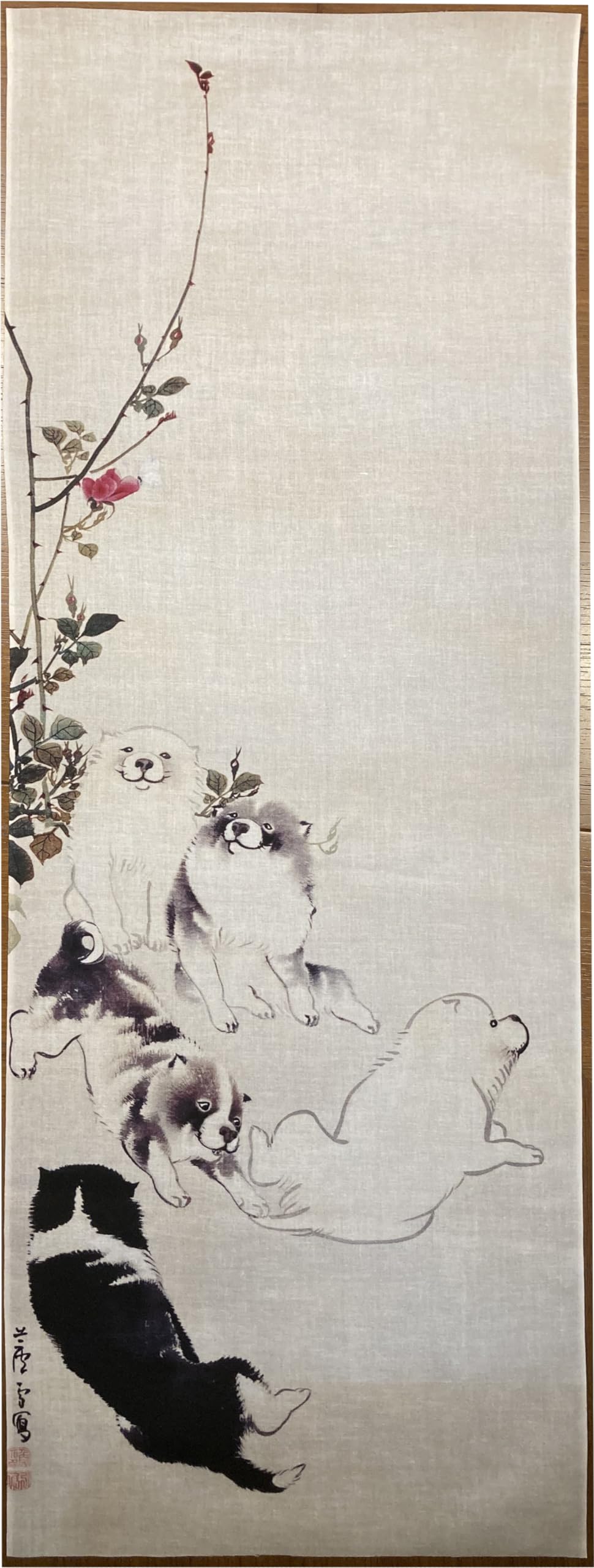 リロ様　(o^^o) 専用　大人の兵児帯　半幅帯　長沢芦雪　薔薇蝶狗子図　子犬 Amazon｜古今東西 手ぬぐい 長沢芦雪 薔薇蝶狗子図 縦柄｜手ぬぐい