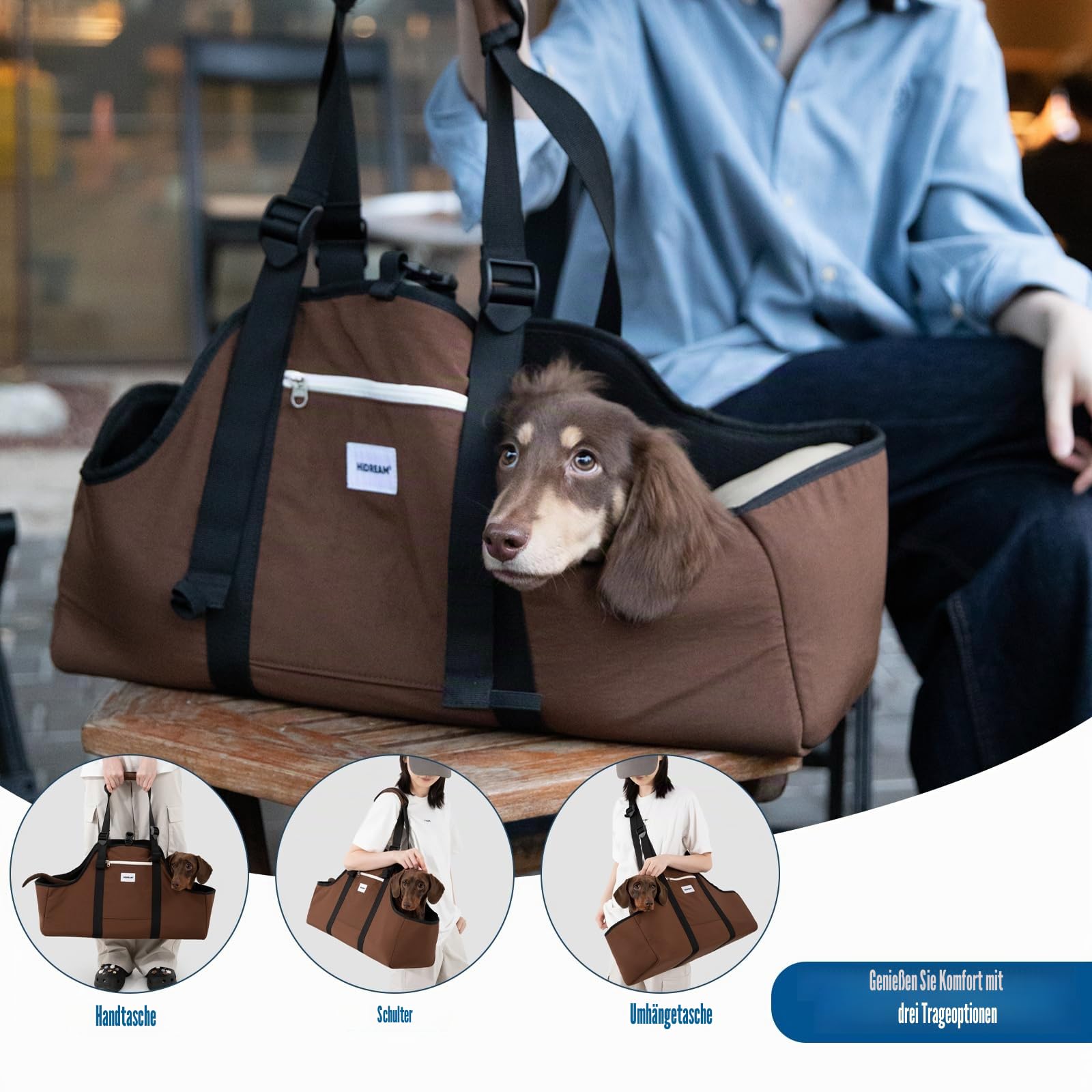 Tragbare Hundetasche, Nylon, leicht, wasserabweisend, Dackel-Haustier-Tragetasche, Lange Hundetasche, bis zu 8 kg, mit U-förmiger Öffnung und Anti-Ausbruch-Clip (Braunheit)