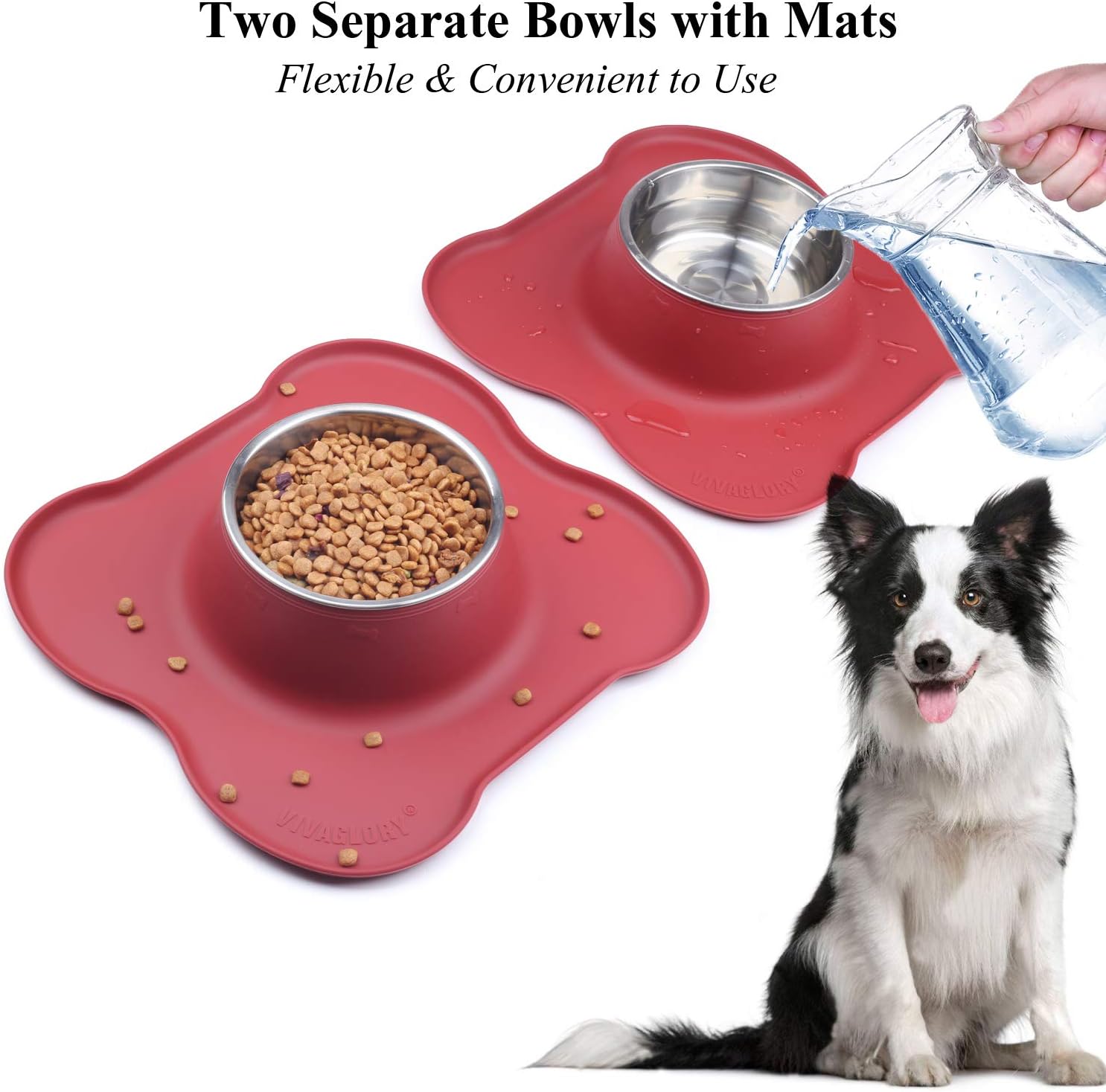 VIVAGLORY Medium Dog Bowls Set, 2 Pack Puppy Bowls with Non Spill Silicone Mat and Food Grade Stainless Steel Water and Food Feeding Bowl for Kitty Puppy Cat Dog, Burgundy