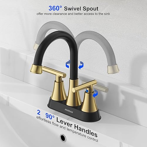 Miniatura 53 de Hurran - Grifos de baño para fregadero de 3 agujeros, 4 pulgadas, color negro mate con drenaje emergente y 2 mangueras de suministro, grifo central