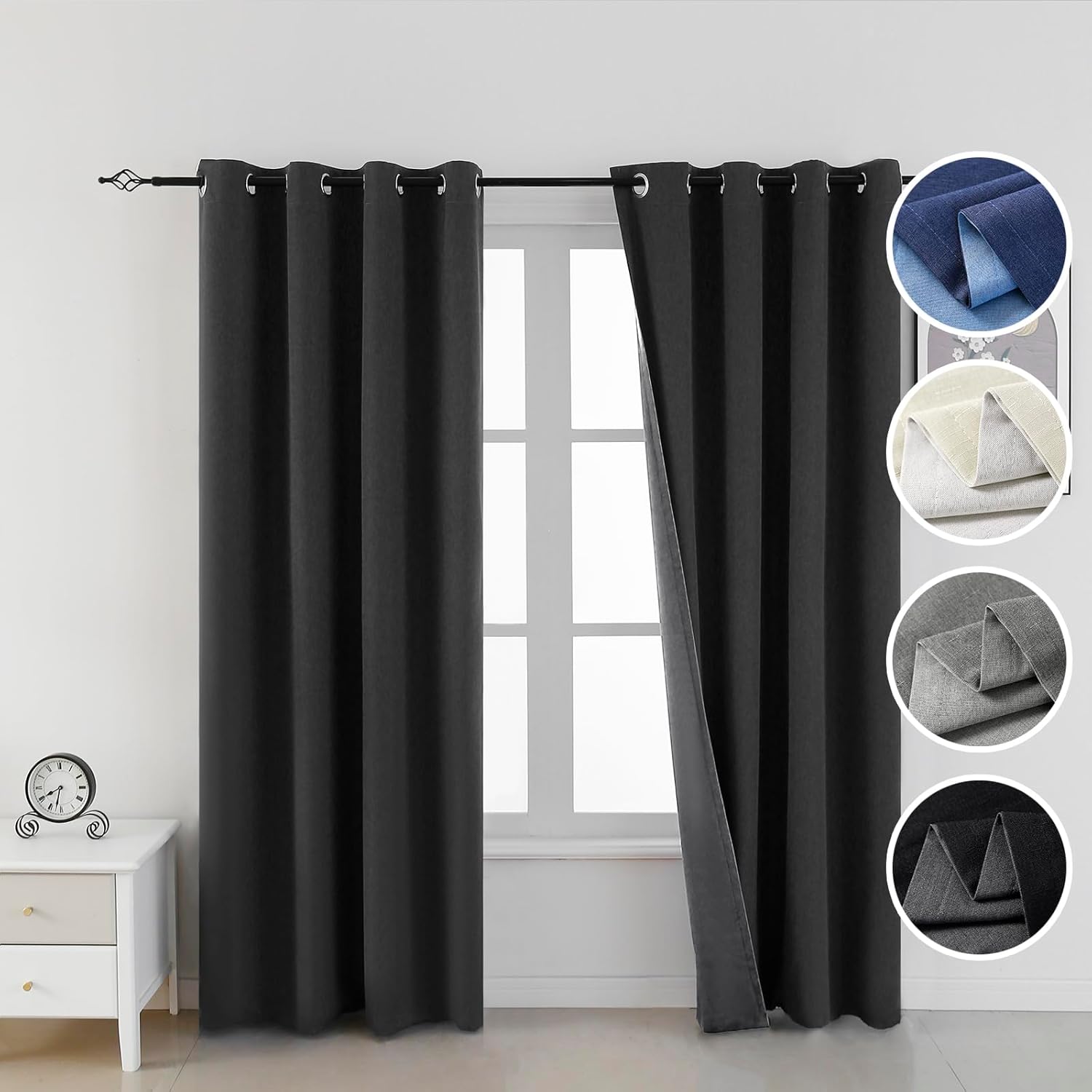 100% Black Linen Blackout Curtains for Bedroom,Black Out Curtains for Living Room,Double Layer Usable Room Darkening Curtains 96 inches Long,Bedroom Linen Curtains Blackout,52 Wide,2 Panels