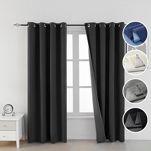 Cortinas opacas de lino 100% negro para sala de estar, cortinas opacas de oscurecimiento de habitación para dormitorio, de doble cara, cortinas