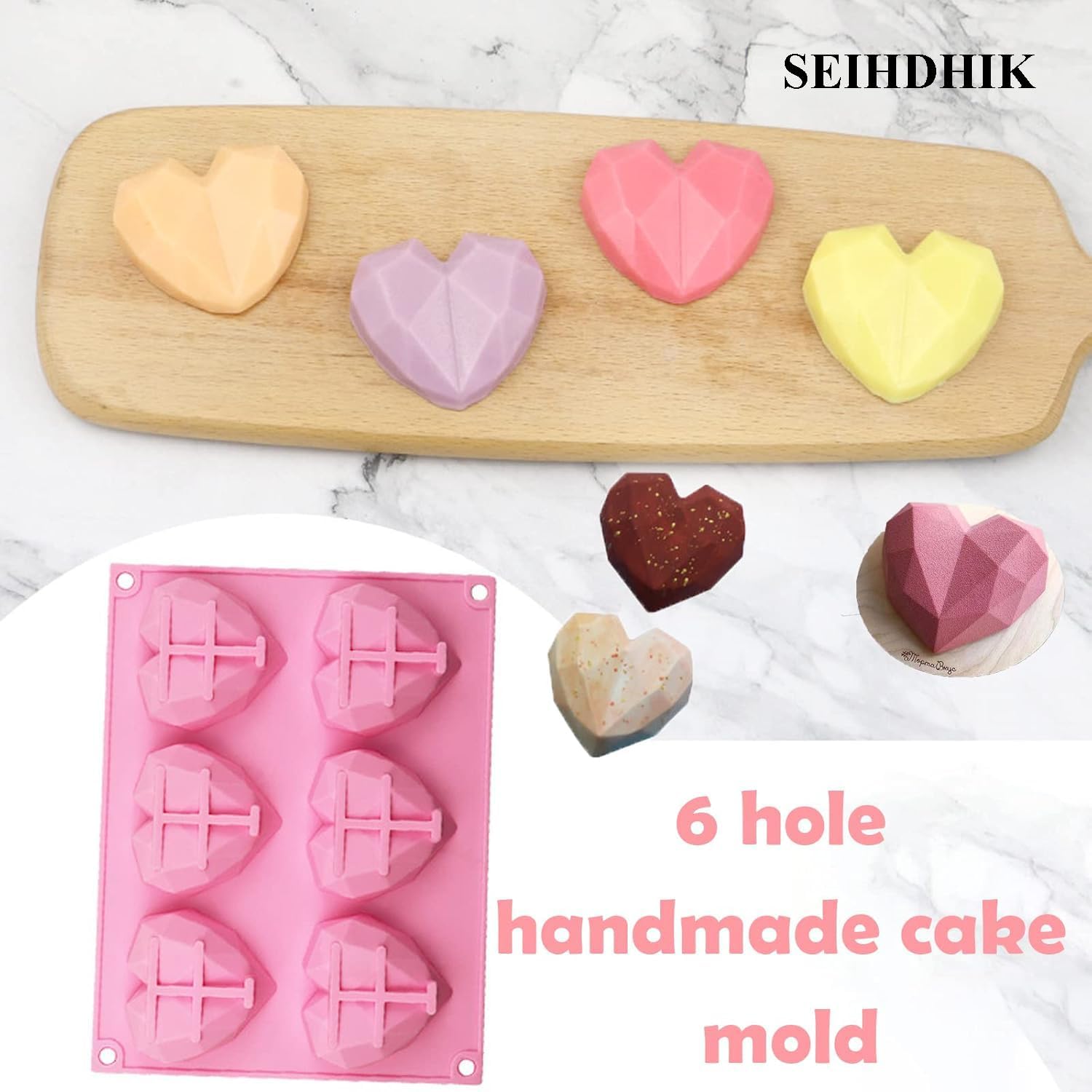 6-Cavity Diamond Heart Silicone Mold for Baking Non-Stick Valentines Day Chocolate Bomb Molds Silicone Heart Shaped Candy Ice Cube Tray Soap Making Molds (2 Pack) SEIHDHIK image 2