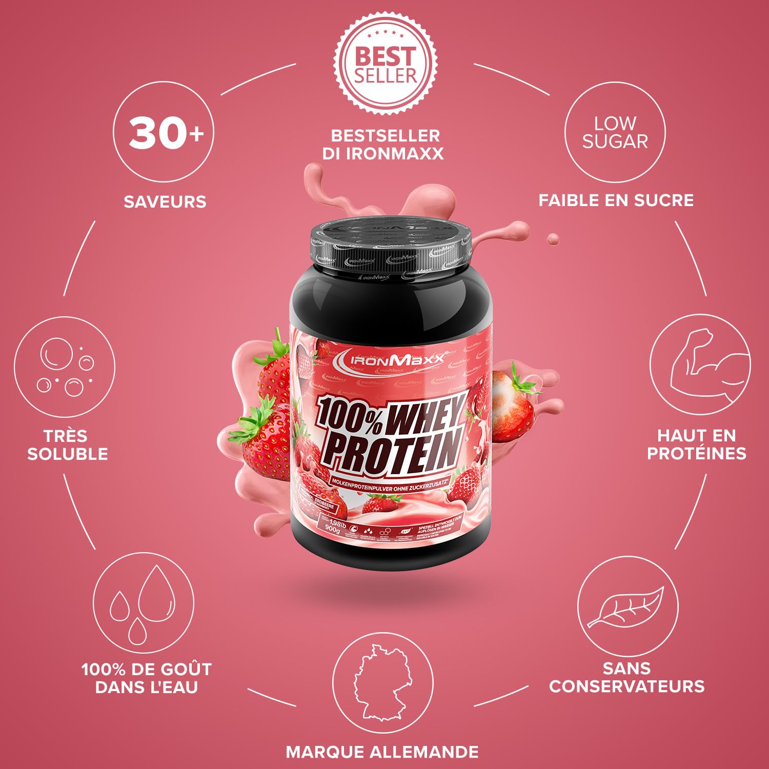 IronMaxx 100% Whey Protein Fraise – Poudre de protéines de lactosérum hydrosoluble | Riche en protéines | Contient naturellement des BCAA | Faible en sucre | Proteine Whey - 900 grammes