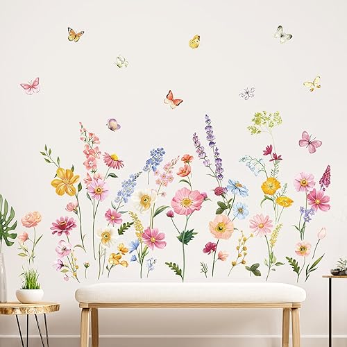 decalmile Calcomanías de pared de flores, margaritas, flores, hierba, mariposas, calcomanías de pared para dormitorio de niñas, sala de estar,