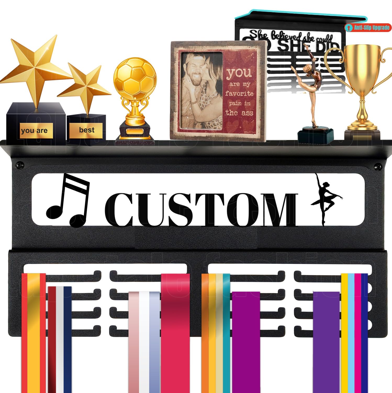 Personalized Medal Hanger Display with Trophy Shelf