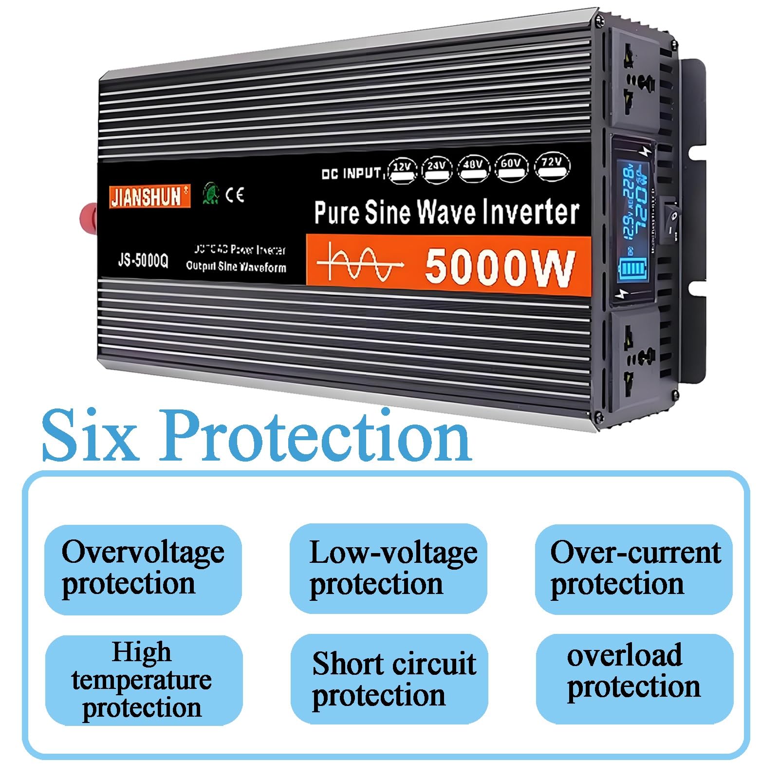 Convertidor Onda Pura ​3000W 4000W 5000W 6000W Inversor DC 12V/24V/48V/60V/72V a AC 110V/220V ​Transformador,para Camion Instalacion Solar Power Inverter,con Pantalla Digital Y Toma(3000W,24Vto110V)