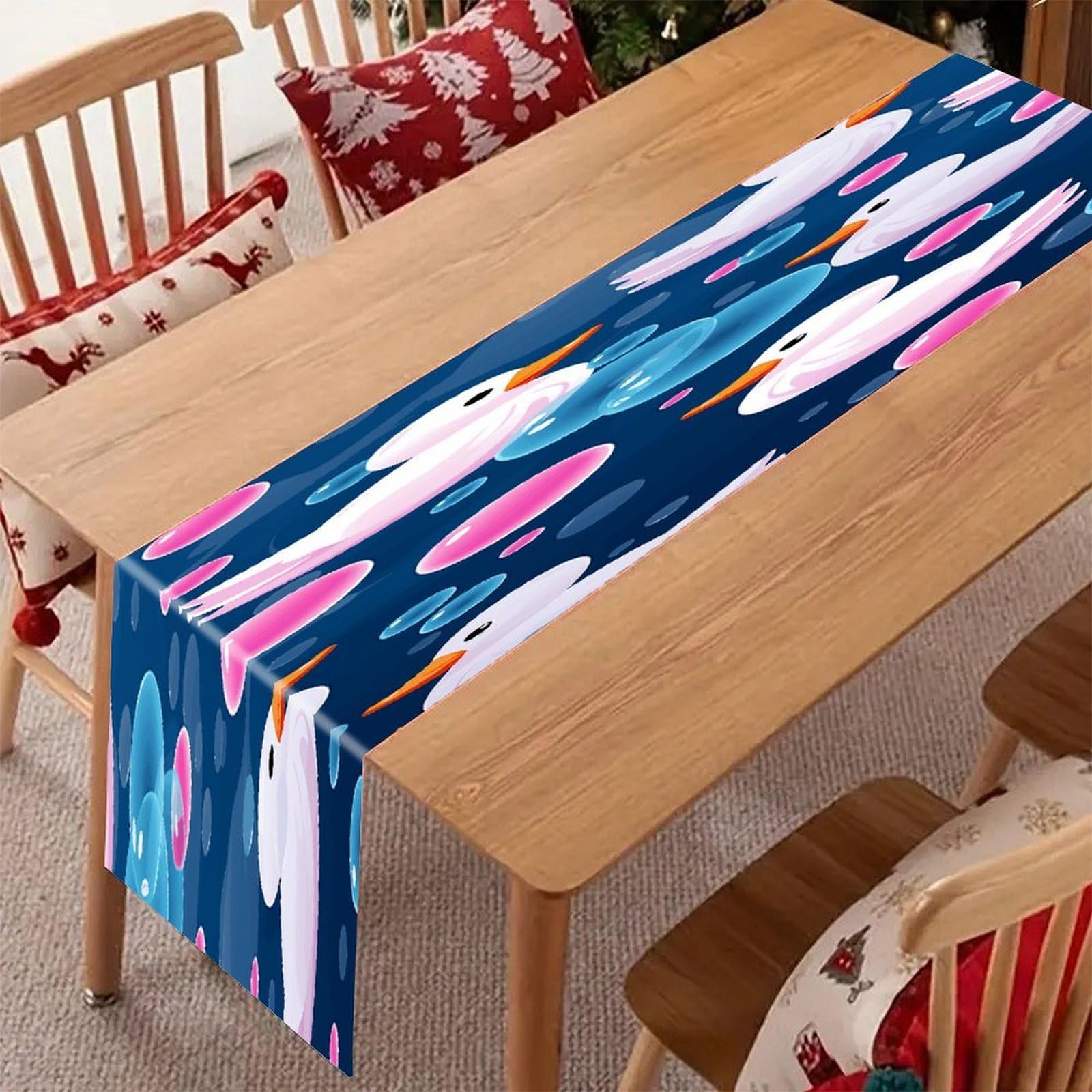 Adfgyerh Style Several Cartoon Ducks Table Runner，Pure Linen Chambray ,Boho Table Runner，Heavy Duty Washable Fabric Decorations ，For Party Kitchen Dining Table Coffee Holiday Party Decor (12X70.87 Inches)