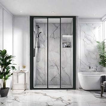 44-48" W70" H 3-Panel Sliding Shower Door, Semi Frameless Aluminium Tri-fold Sliding Doors with Fixed Glass Panel, 6mm SGCC Tempered Glass, Reversible Installation, Matte Black