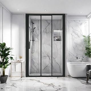44-48" W×70" H 3-Panel Sliding Shower Door, Semi Frameless Aluminium Tri-fold Sliding Doors with Fixed Glass Panel, 6mm SGCC Tempered Glass, Reversible Installation, Matte Black