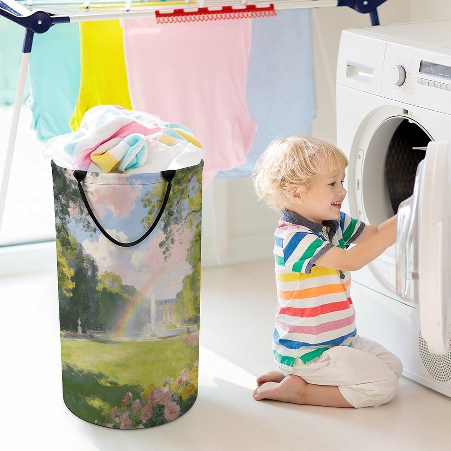 Versailles Garden Green Laundry Hamper with Handles Waterproof Collapsible Laundry Basket Large Lightweight Round Dirty Clothes Hamper for Home Dorm Bathroom Decor