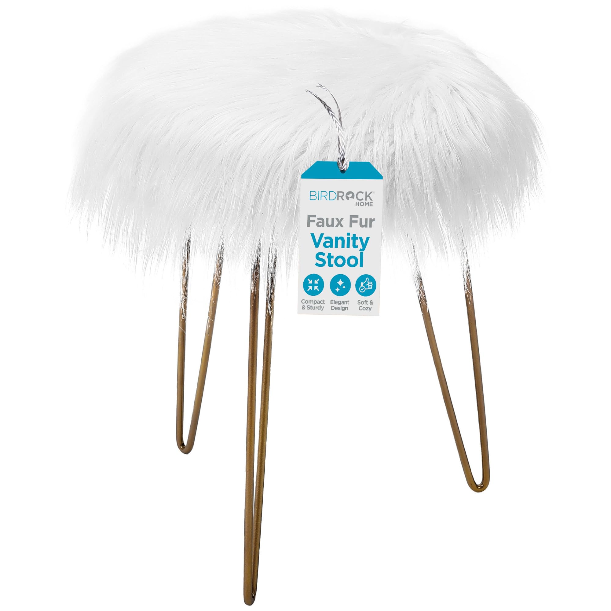 BIRDROCK HOME Round Faux Fur Foot Stool Ottoman - Soft Compact Padded Vanity Seat with Pale Gold Legs - Durable Wood Frame & Hair Pin Metal Legs -