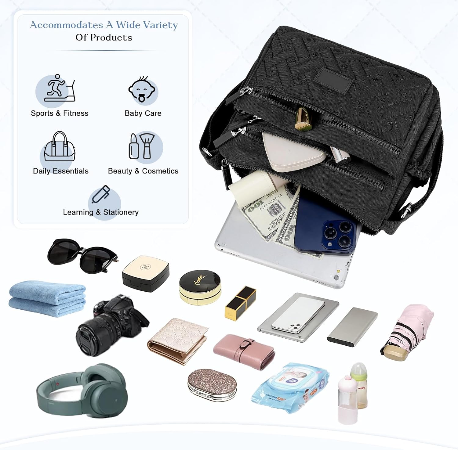 Crossbody Bag for Womens Multi-Pocket Shoulder Handbags Nylon Waterproof Messenger Bag Lightweight Casual Purse - Image 5