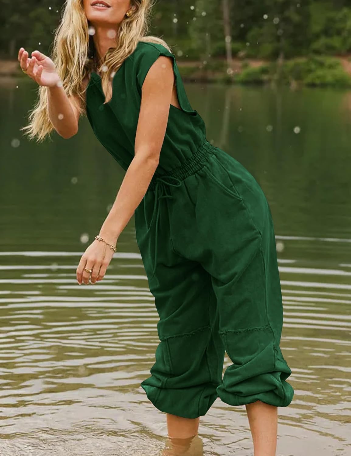 Kissonic Jumpsuits for Women Casual Crewneck Cap Sleeve Drawstring Romper One Piece Outfits with Pockets - Image 5