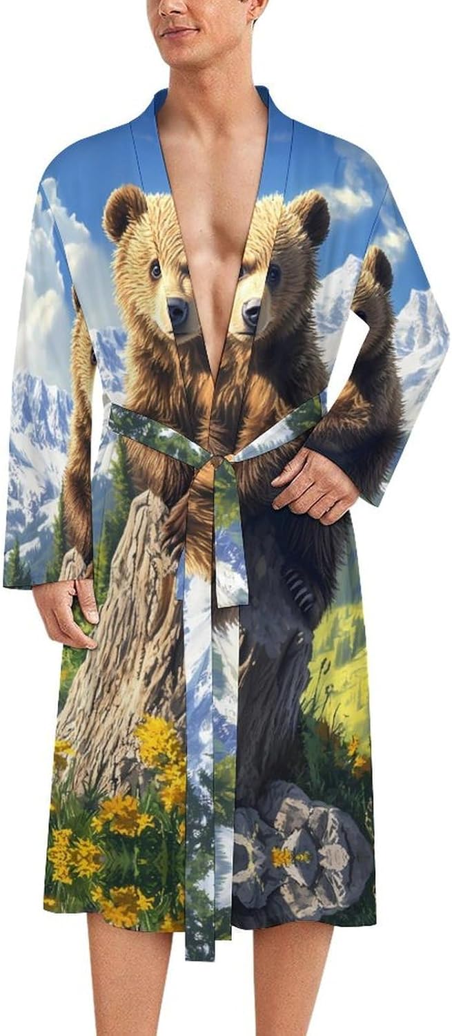Bear in Forests Mens Robe Long Bathrobe for Women Bath Robes Lightweight Soft Printed Sleepwear