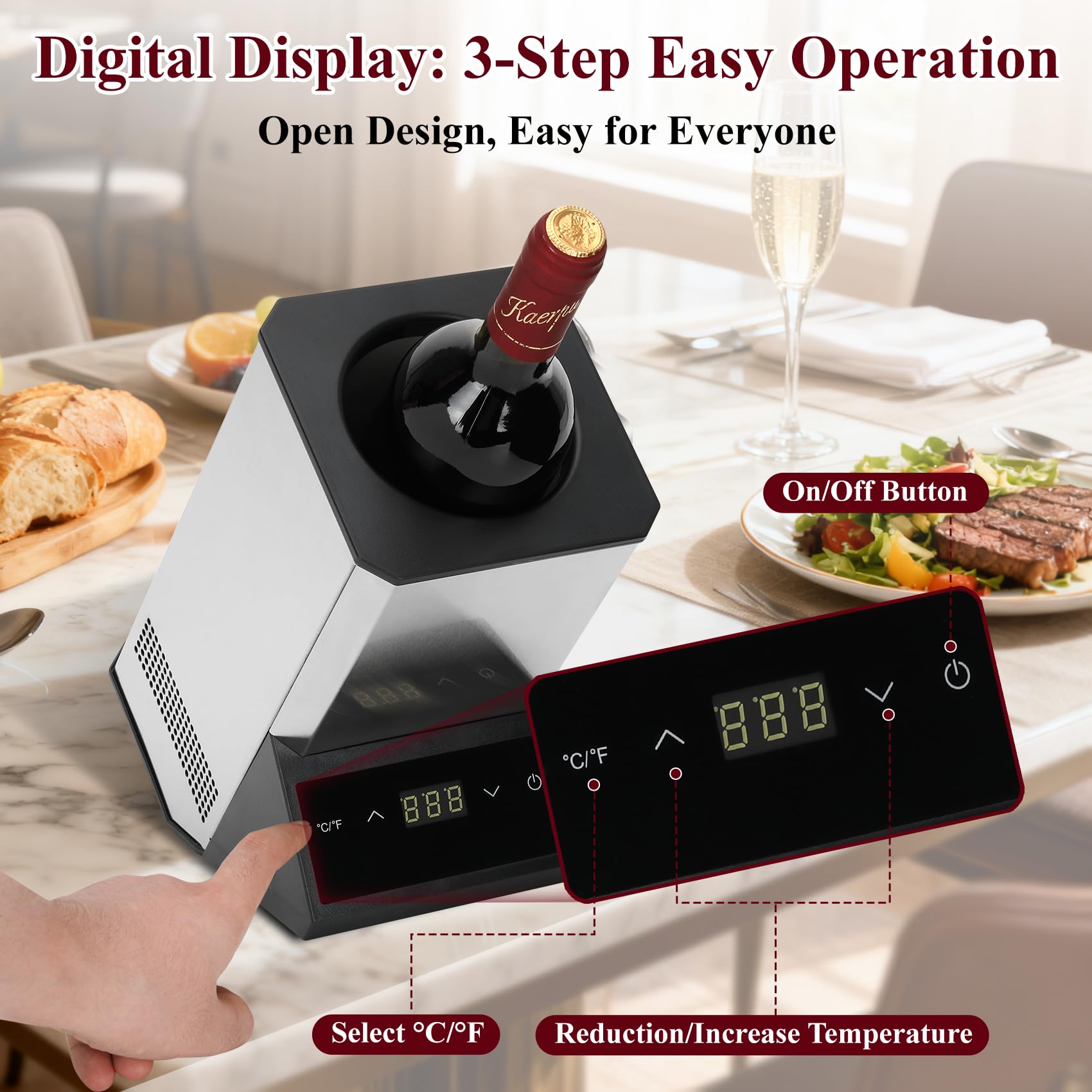 Enfriador de vino eléctrico de una sola botella, enfriador portátil sin hielo de alta calidad de 24 horas, acero inoxidable para vino/champán de 750 ml, esencial para fiestas en el patio trasero