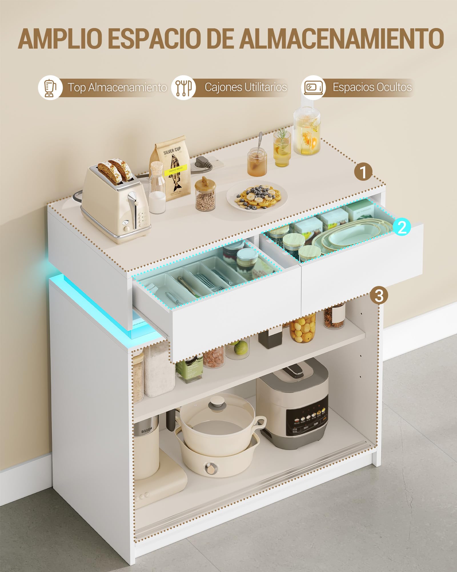 Hzuaneri Aparador, Armario de Cocina con 2 Puertas Corredizas, 2 Cajones, Regleta y Tira de Luces LED, Estantes Ajustables, Estilo Moderno, para Cocina o Salón, 40 x 80 x 85 cm, Blanco SC00203XEU