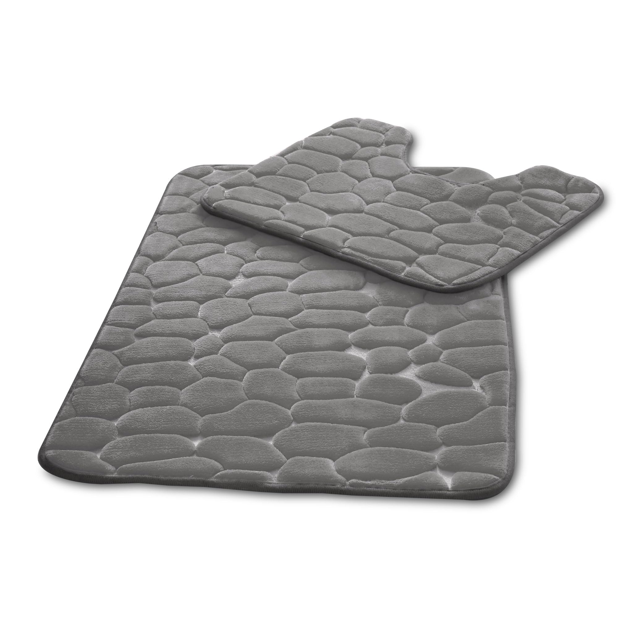 VELVETIO Pebbles Stone Bath Mat & Pedestal Set for Bathroom, Water Absorbent Non Slip 2 Piece Toilet Mats, Extra Soft Shower & Bathtub Rug, (50x80, 50x40 cm), Charcoal