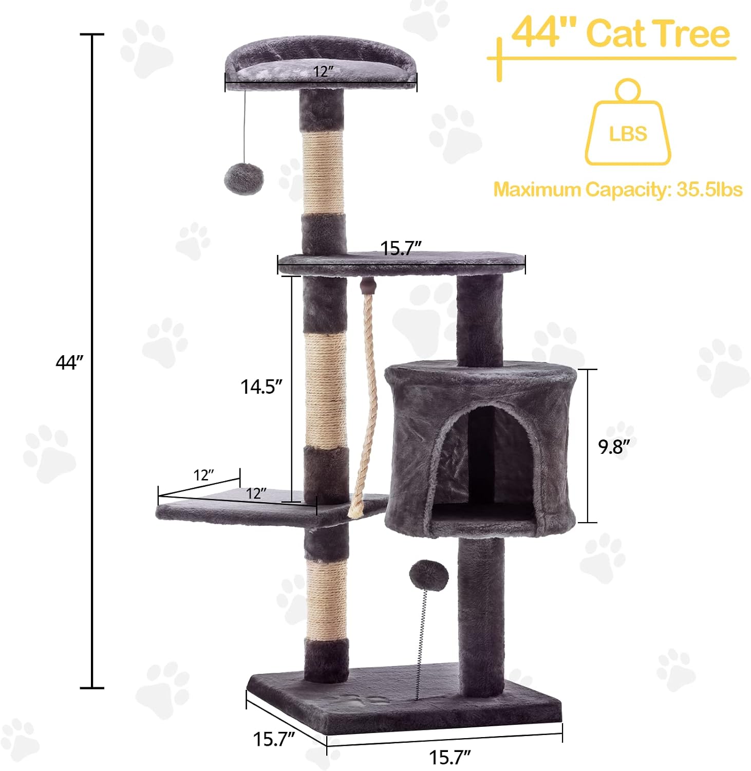MELLCOM Cat Tree Cat Tower for Indoor Cats Clearance, 44" Multi-Level Cat Condo with Cat Scratching Post, Padded Platform, and Balls, Dark Gray Cat Furniture Activity Center for Kitty Pet House Play