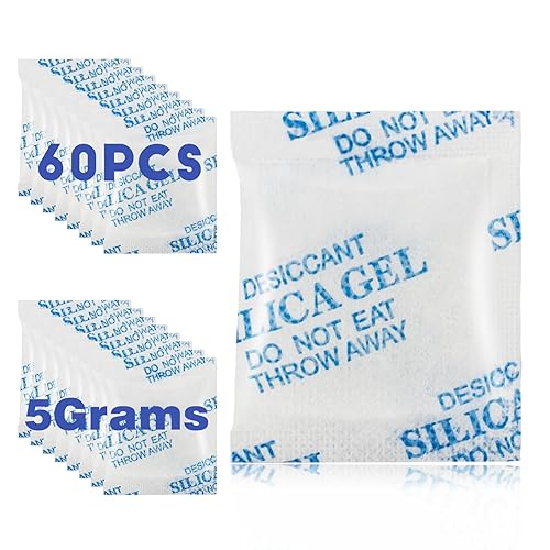 Paquete de 60 paquetes de gel de sílice de 0.18 onzas (0.18 oz), paquetes desecantes para almacenamiento, desecante transparente, deshumidificadores