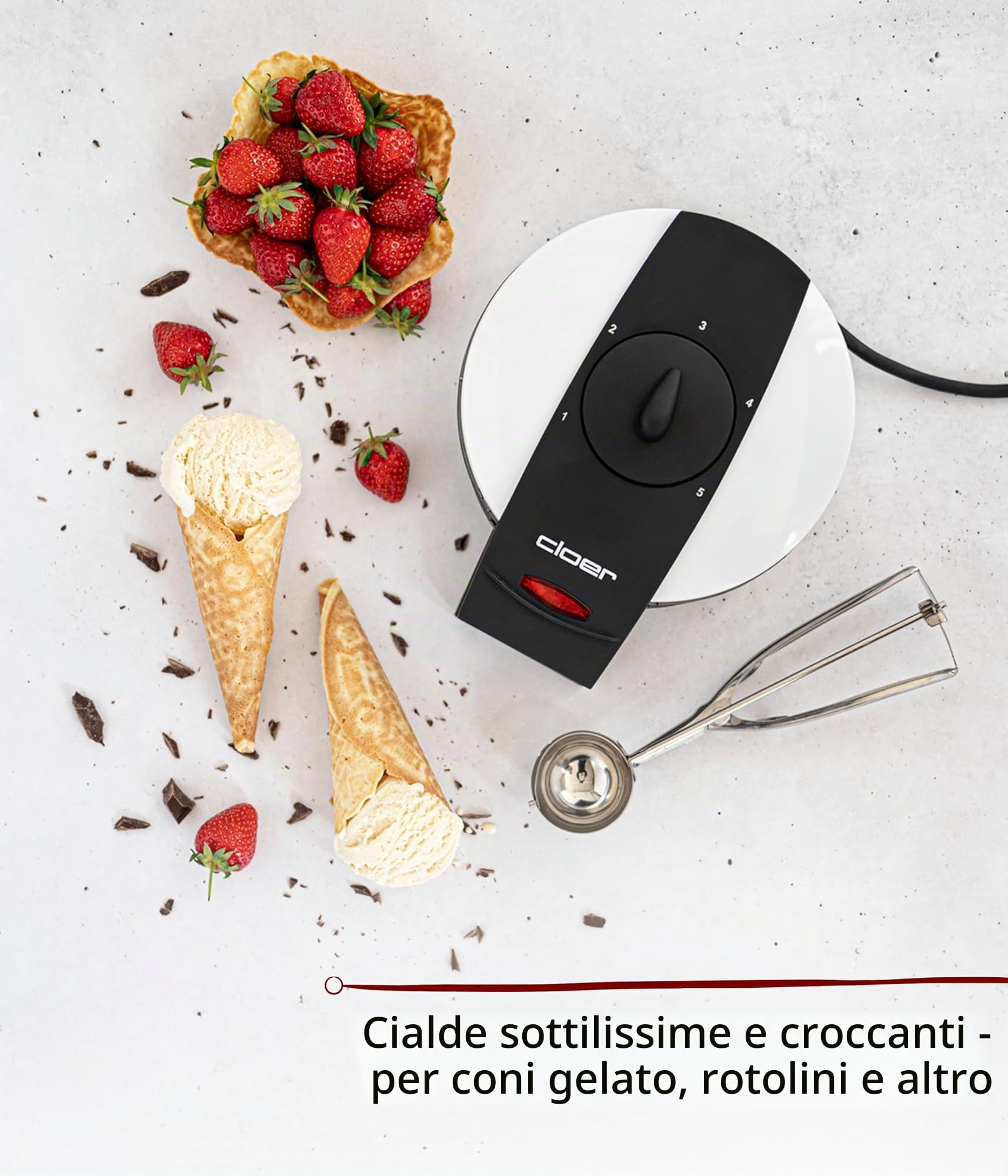 Cloer 261 Piastra per Coni, 800 W, diametro piastra di cottura 14,5 cm, rivestimento antiaderente, grado di doratura selezionabile, corpo in metallo verniciato bianco