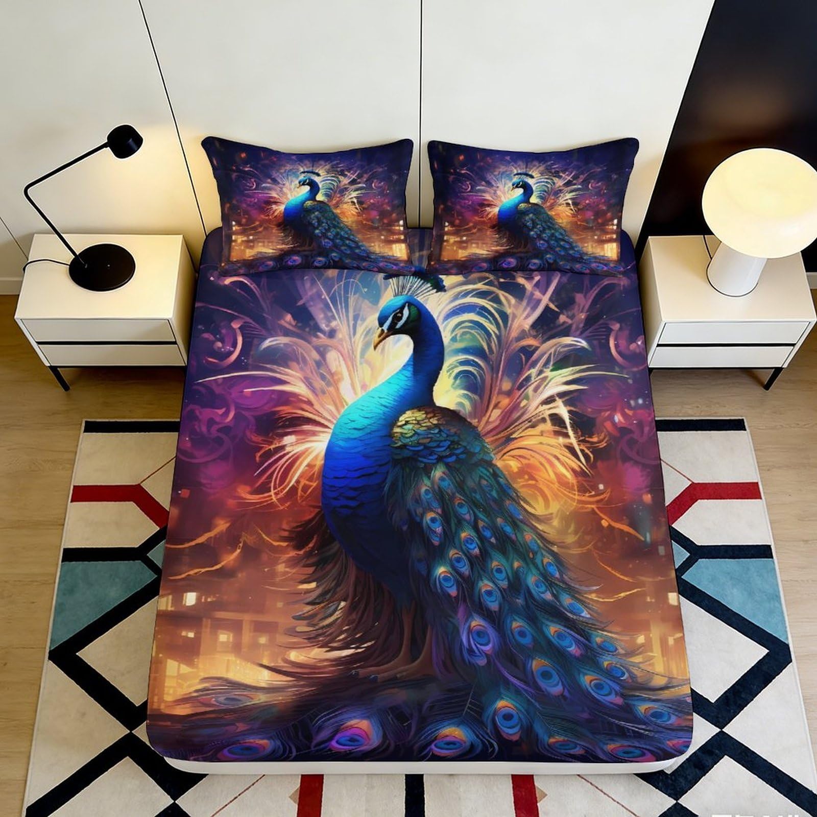 3D Printed Vibrant Peacock Fitted Sheet Microfiber Smooth Breathable Colorful Plumage Bed Cover for Bedroom Dormitory Guest Room Mattress Protection 90x200x25cm
