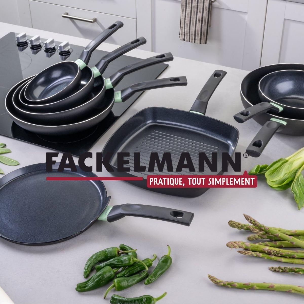 Fackelmann Set 4 poêles céramique 16/20/24/28 cm et 6 ustensiles