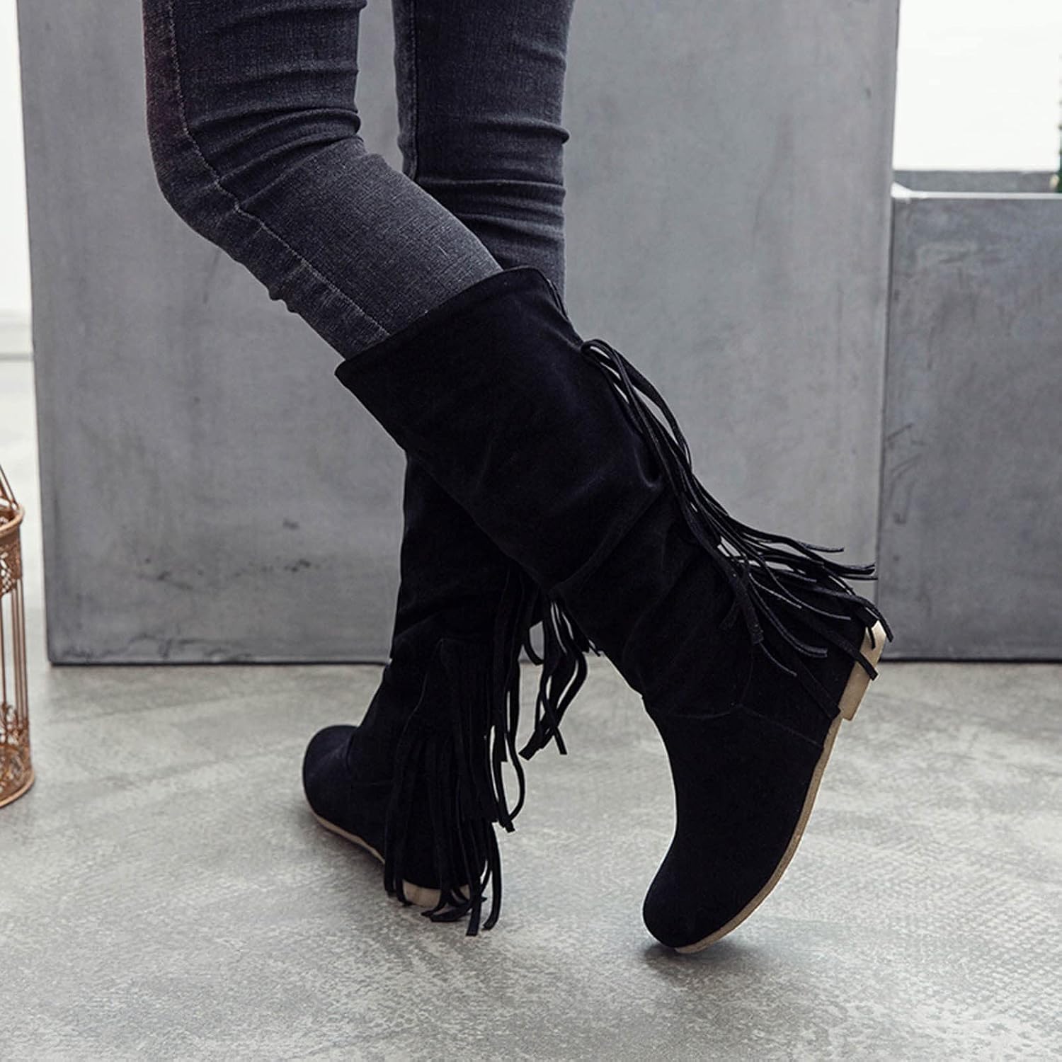 oiangi Fringed Snow Boots for Women Knee High - Fashion Round Toe Square Chunky Low Heel Slip-On High Boots Casual Trendy Retro Suede Boots Shoes