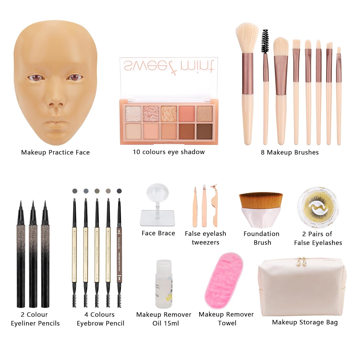 3D Makeup Practice Board - Silicone Face, Reusable Mannequin with Brushes & Eyebrow Pencils, Eyelashes, Bag & Remover Towel - Image 3