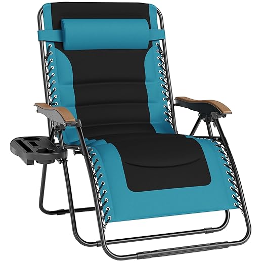 PHI VILLA XXL Oversized Padded Zero Gravity Chair, Foldable Patio Recliner, 30" Wide Seat Anti Gravity Lounger with Cup Holder, Support 400 LBS (Aqua)