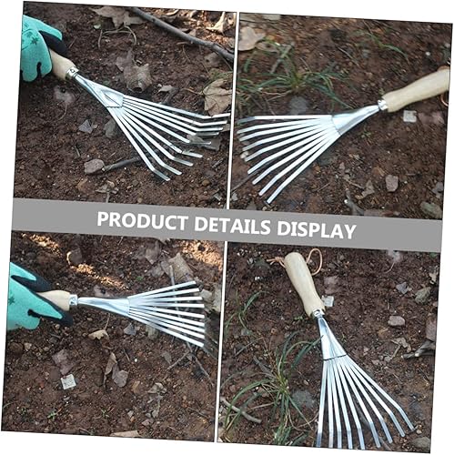 Miniatura 7 de T Tool - Rastrillo de acero inoxidable de nueve rastrillo de alta resistencia, rastrillo de mano para césped pequeño, rastrillo de hojas pequeñas,