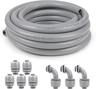 Elecoman 1/2 Inch 100ft Flexible Liquid Tight Conduit Kit - UL Listed PVC with 5 Straight & 3 90° Fittings for HVAC & Outdoor Use