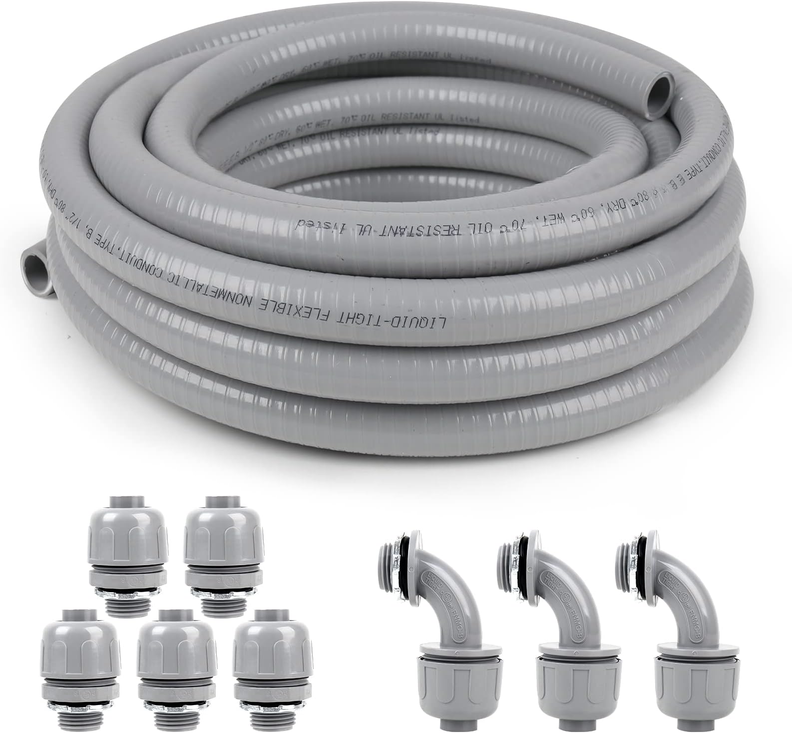 1 inch 25ft Liquid-Tight Conduit and Connector Kit,Flexible Non-Metallic Liquid Tight Electrical Conduit Kit with 5 Straight and 3 90-Degree Connector Fittings,1in. Dia